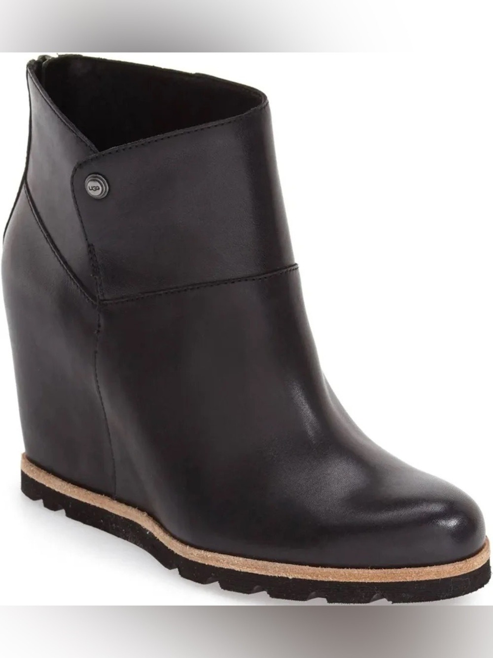 UGG Amal Black Leather Hidden Wedge Ankle Boots Women’s 7 NIB + Dust Bag